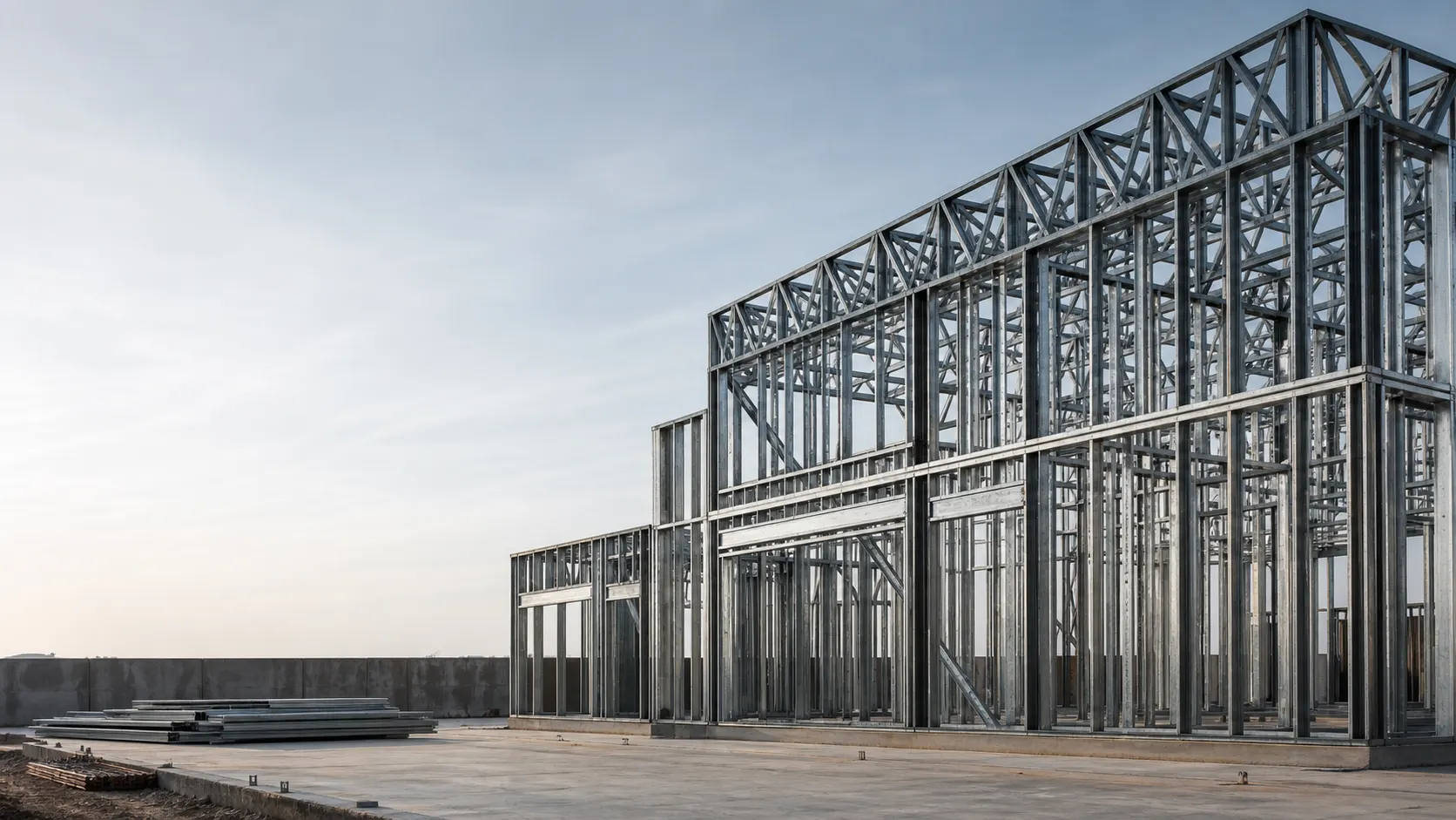 Estrutura metálica em Light Steel Frame em canteiro técnico organizado